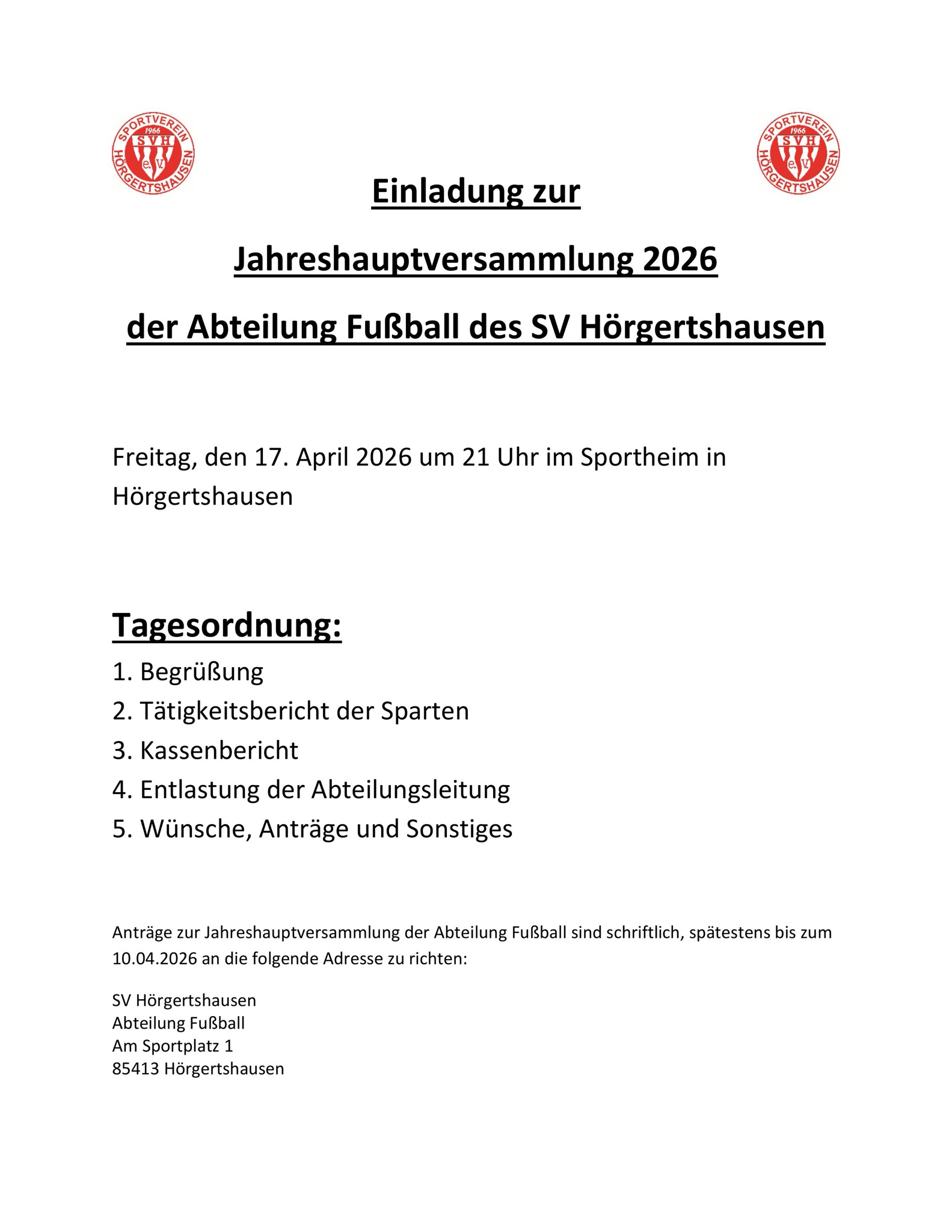 Jahreshauptversammlung  SVH -Abteilung Fussball 2026